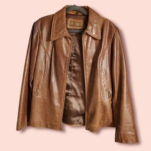 GUESS Open Front Leather Jacket (Brown)